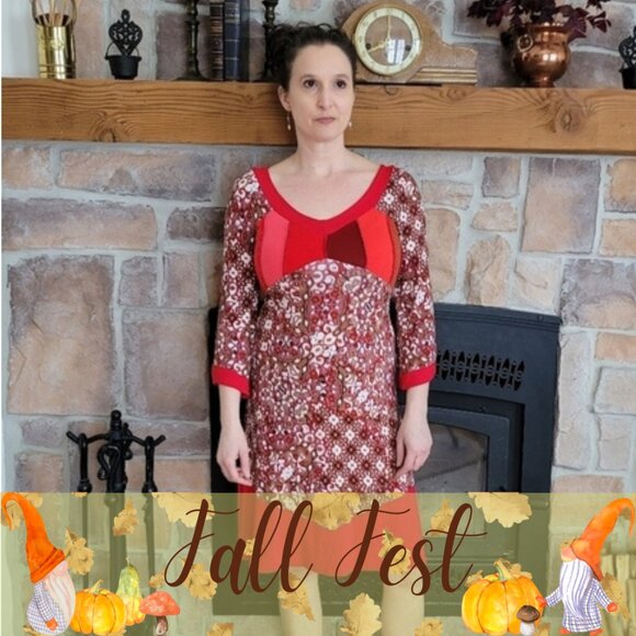 🍂 20% OFF - MYCO ANNA - Patchwork Boho Red Dress - Picture 1 of 9